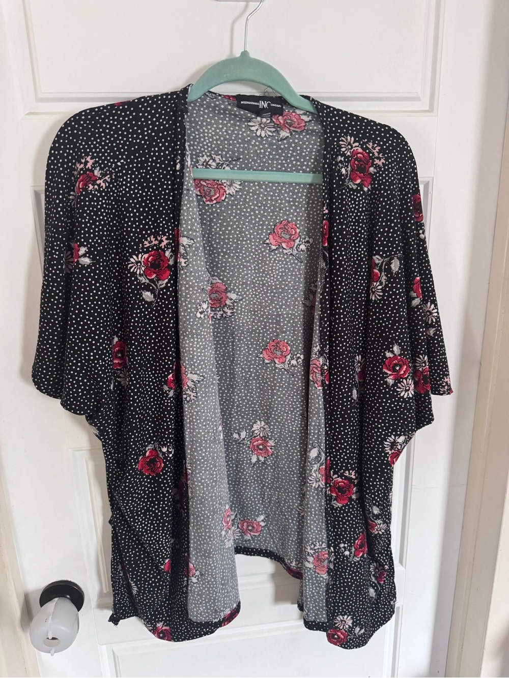 INC International Concepts Black Floral Kimono with Pink Roses